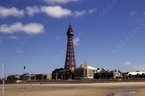 Blackpool tower and beachfront landscape. England resort