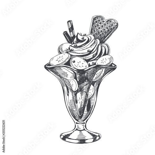Beautiful vector hand drawn ice cream in a glass Illustration.