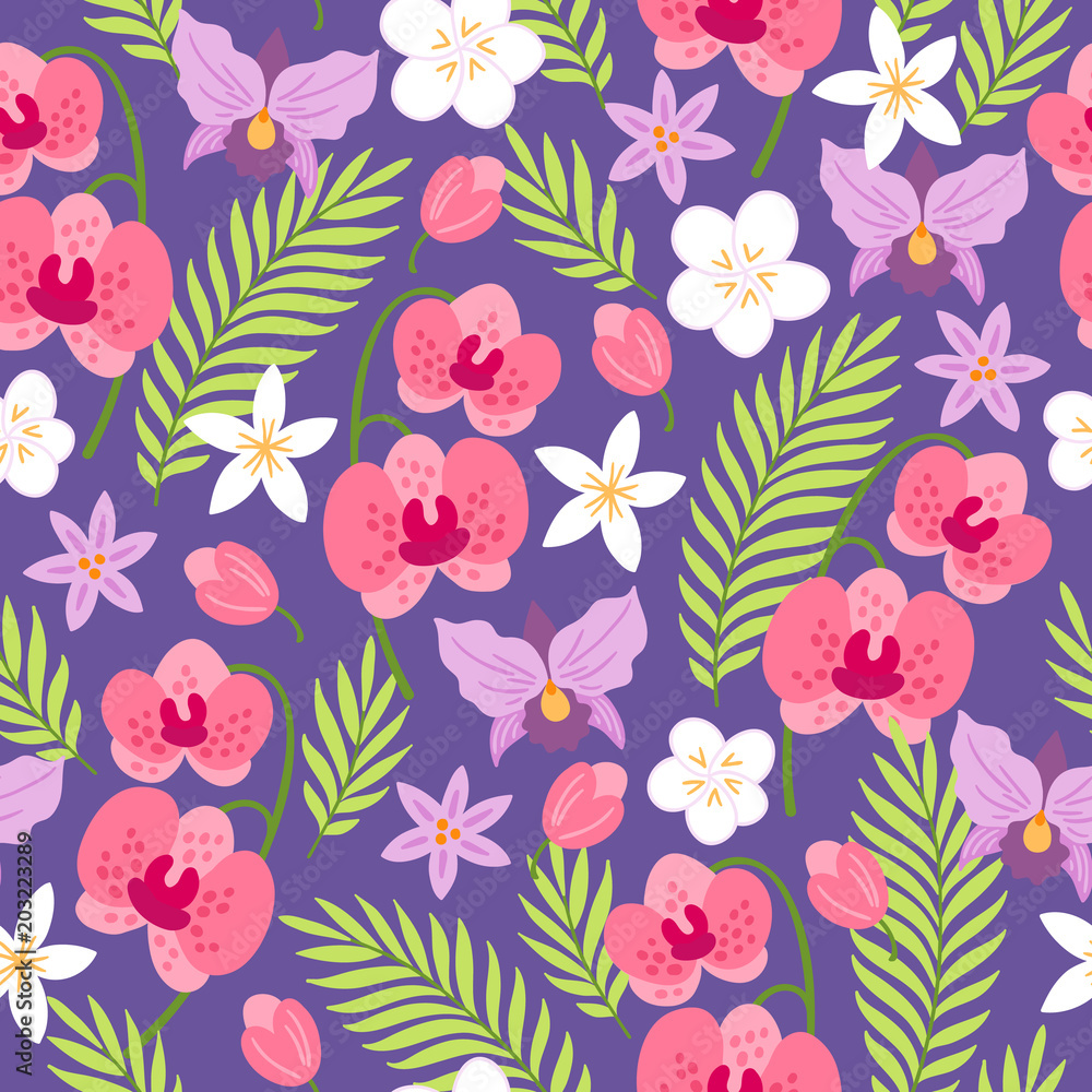 Jungle seamless pattern with orchid, plumeria, palm leaves