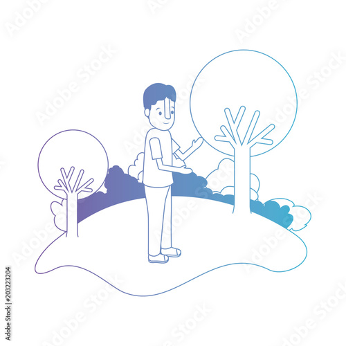 isometric little boy in field landscape character vector illustration design