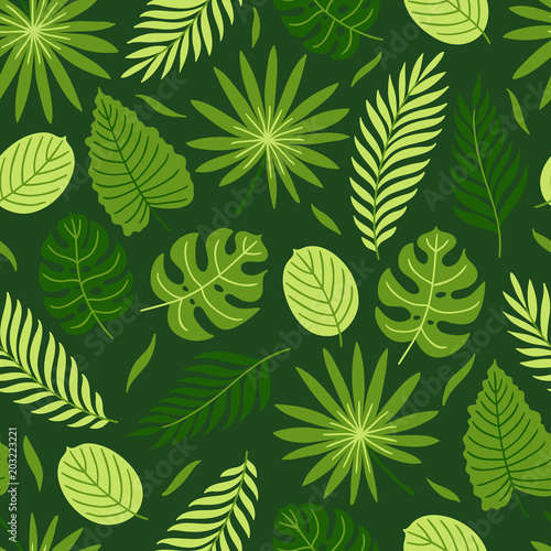Jungle seamless pattern with monstera, palm, tropical leaves