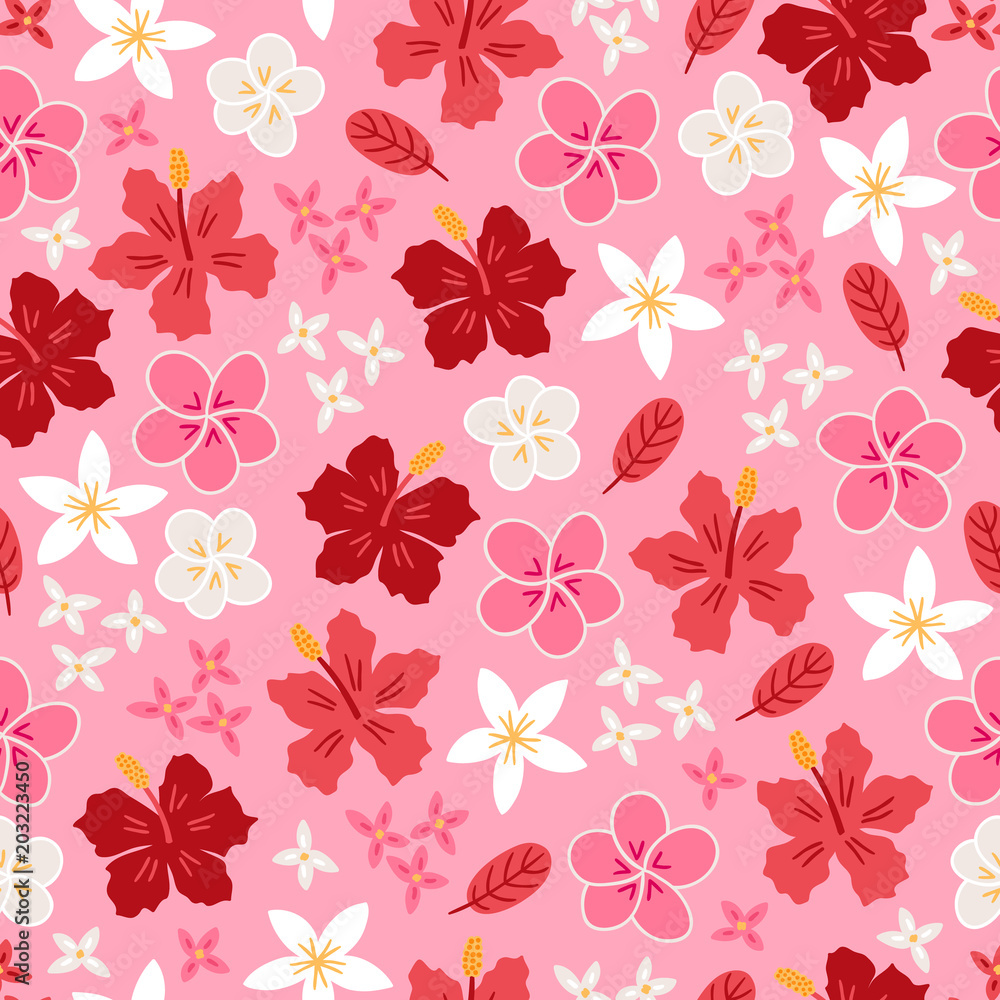 Jungle seamless pattern with hibiscus, plumeria and tropical flowers Jungle seamless pattern with hibiscus, plumeria and tropical flowers