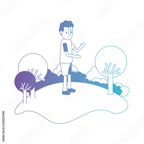 isometric little boy in field landscape character vector illustration design