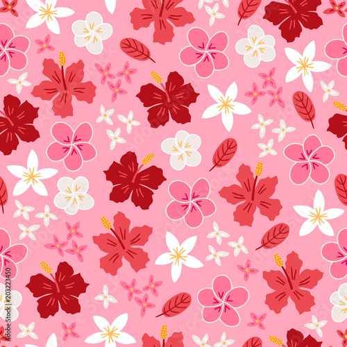 Jungle seamless pattern with hibiscus, plumeria and tropical flowers