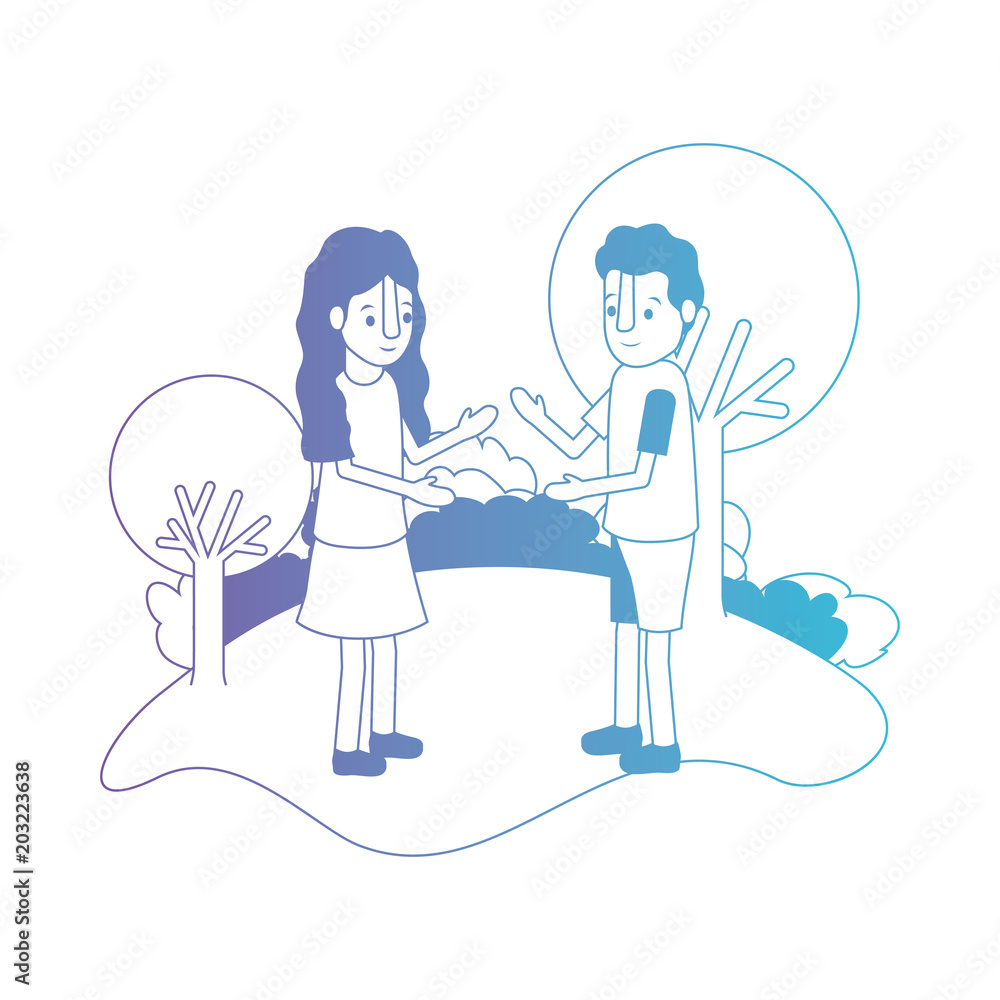isometric little kids couple in field landscape character vector illustration