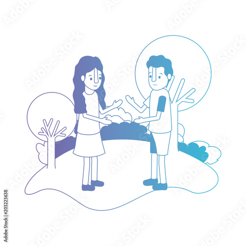 isometric little kids couple in field landscape character vector illustration