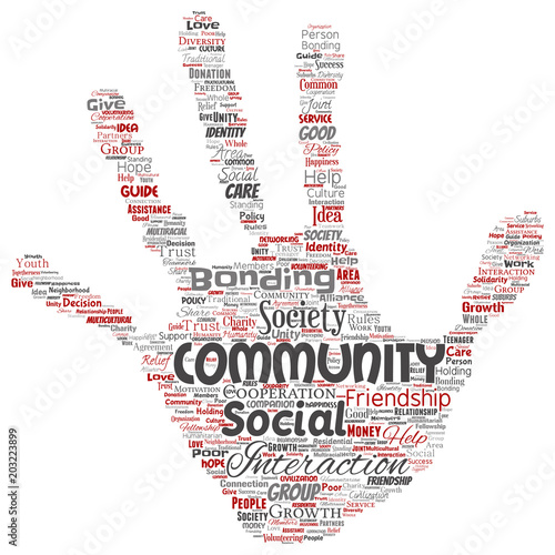 Vector conceptual community, social, connection hand print stamp word cloud isolated background. Collage of group, teamwork, diversity, friendship, communication, inclusion, care, respect concept