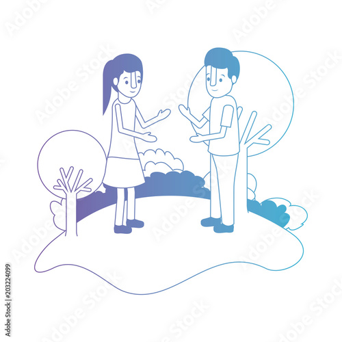 couple isometrics in field landscape avatars characters vector illustration