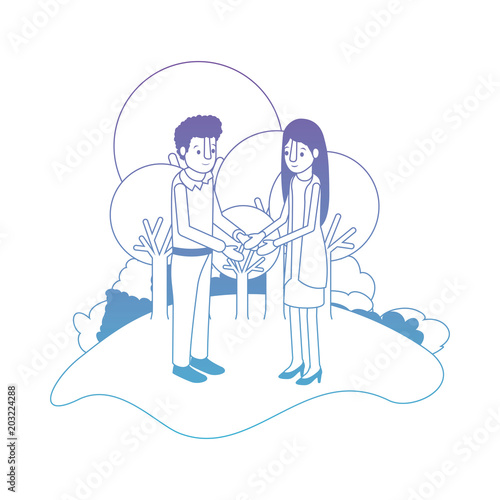 couple isometrics in field landscape avatars characters vector illustration