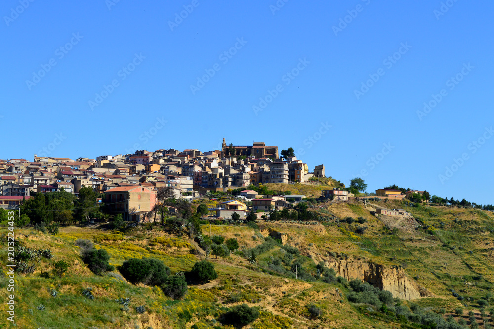 View of Mazzarino with the Maria Santissima del Mazzaro Sanctuary in the Background, Caltanissetta, Sicily, Italy