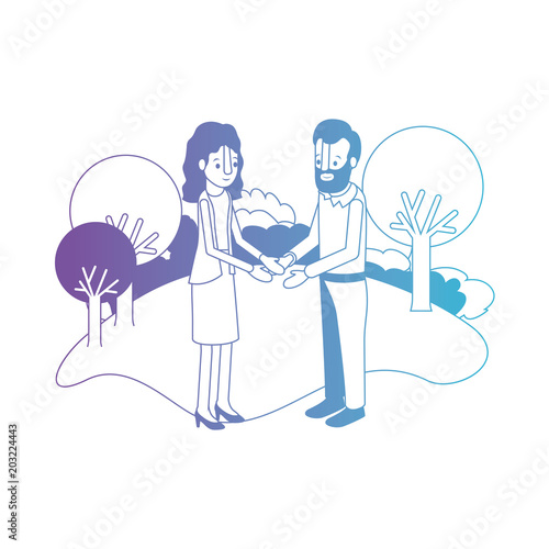 couple isometrics in field landscape avatars characters vector illustration
