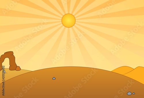 A barren wasteland of stones and desert and a big yellow sun in the sky, drawn in cartoon style