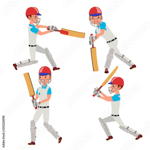 Cricket Player Vector. Wearing Sport Uniform Clothes. Different Poses. Cartoon Character Illustration