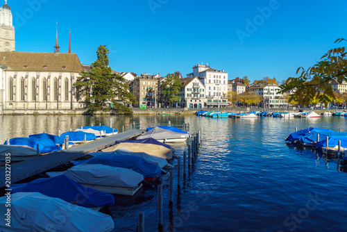Embankment of river Limmat with Fraumunster church, Zurich, Switzerland