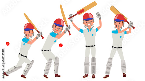 Cricket Player Vector. In Action. Cricket Team Character. Poses. Flat Cartoon Illustration