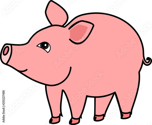 Cute cartoon pink pig on white background