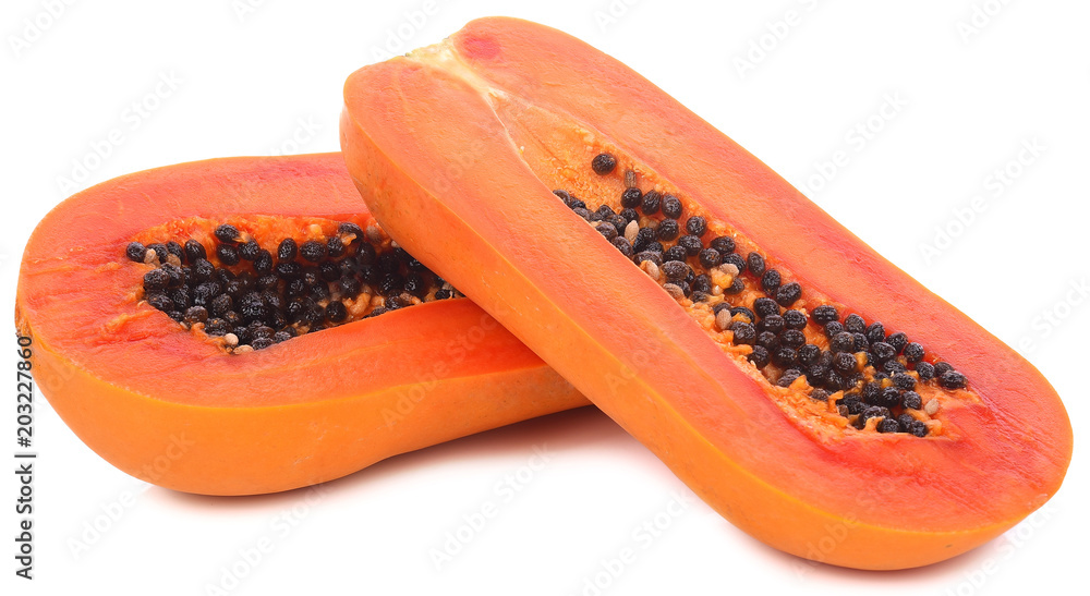 slices of sweet papaya on white background