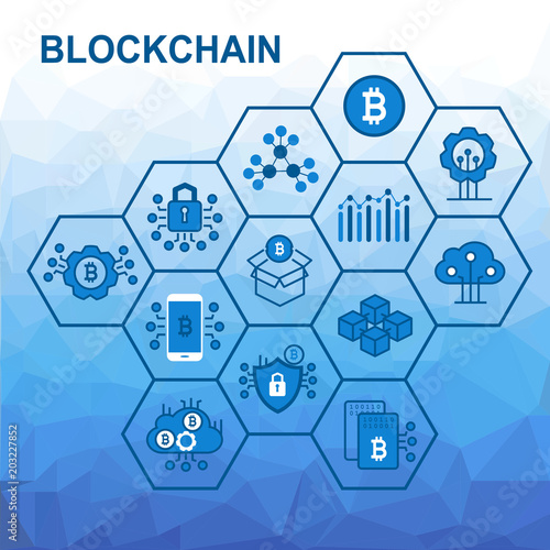 Vector illustration of blockchain concept with low poly background. Connected hexagonal shapes.