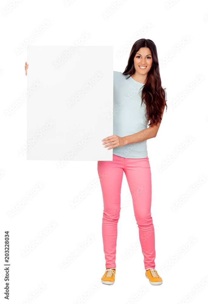 Brunette girl with pink pants holding a blank poster Brunette girl with pink pants holding a blank poster