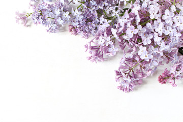 Styled stock photo. Spring feminine scene, floral composition. Decorative banner, corner made of beautiful purple lilac flowers. White table background. Flat lay, top view.