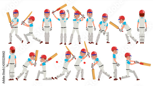 Professional Cricket Player Vector. Equipped Players. Pads, Bats, Helmet. Isolated On White Cartoon Character Illustration