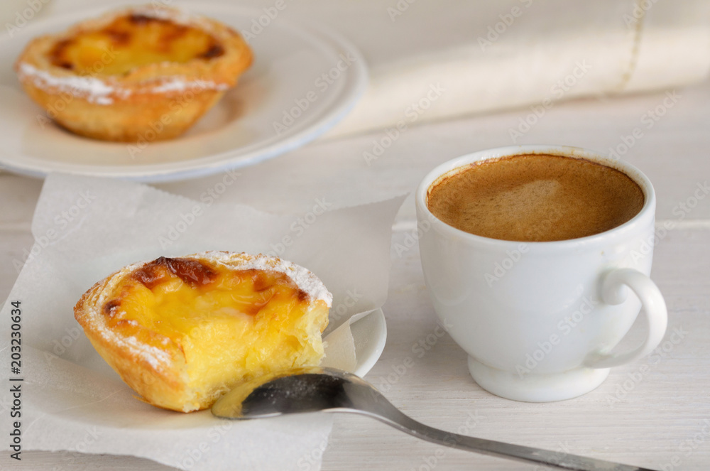 Pasteis de Belem, l Portuguese egg tart pastries with coffee at Lisbon cafe,Portugal. Pastel de nata sweets making using traditional methods and according to the Jeronimos Monastery secret recipe.