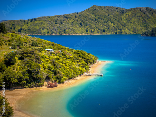 Green forest and turquoise blue water in Marlborough sounds