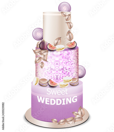Wedding cake Vector. Delicious dessert with fruits sweet designs
