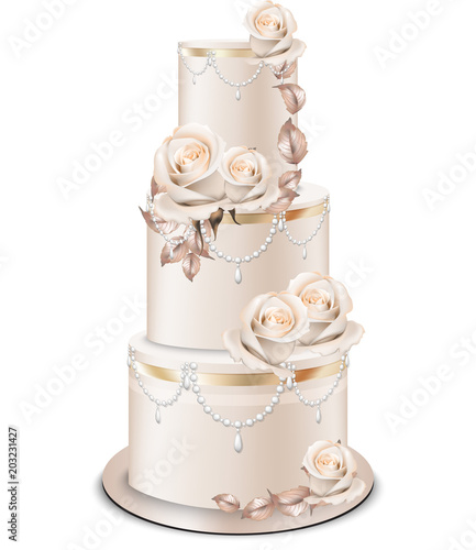 Wedding cake golden decorations and rose flowers Vector. Delicious dessert with fruits sweet designs