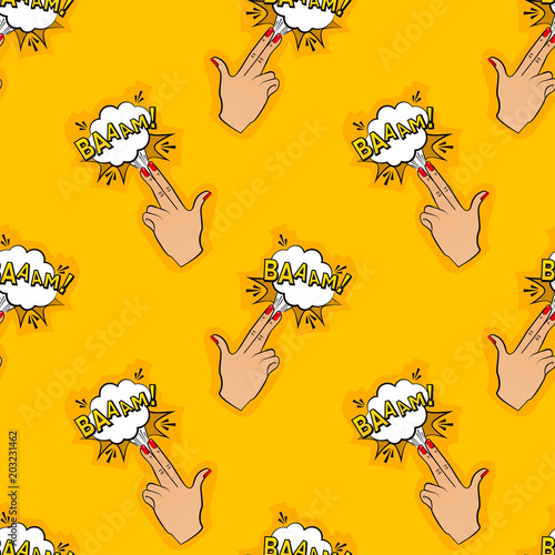Abstract seamless pin up pattern for girls, boys, clothes. Creative vector pin up background with fingers gun, cloud. Funny pattern wallpaper for textile and fabric. Fashion pop art style.