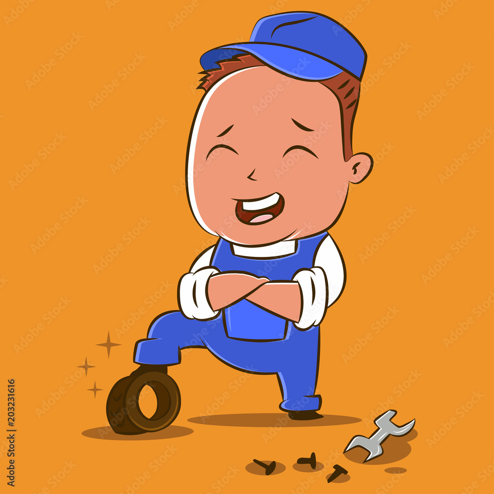 Auto car mechanic vector cartoon character for auto repair shop.  Illustration with a man in a blue coverall with a tire and a wrench. Design  for a logo or corporate style. Stock