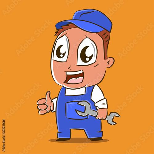 Auto car mechanic vector cartoon character for auto repair shop. Illustration with a happy man in a blue coverall with a wrench. Design for a logo or corporate style.