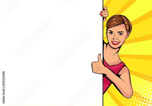 Wow female face. Sexy young woman near blank board for your offer. Vector colorful background in pop art retro comic style. Party invitation poster.
