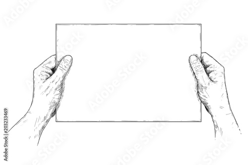 Vector artistic pen and ink drawing illustration of two hands holding blank sheet of paper.
