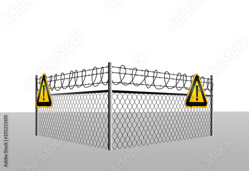 abstract caution background with fence and danger signs