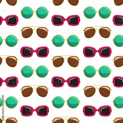 Sunglasses of different shapes and colors vector seamless pattern isolated on white background for wallpaper, wrapping, packing, and backdrop. Summer and fashion texture.
