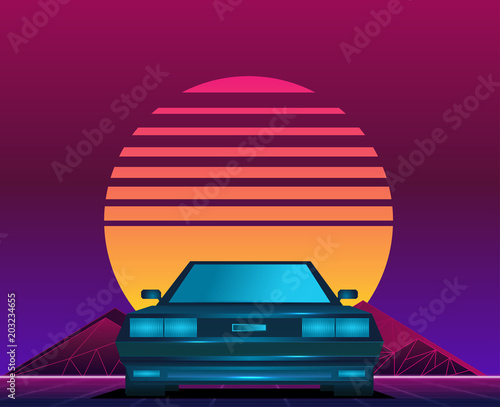 Retro future, 80s style Sci-Fi Background. Futuristic car.