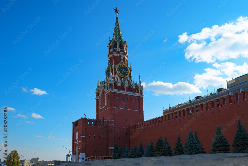 Moscow Lenin mausoleum in the Kremlin. Russia. Spasskaya tower of the Kremlin.