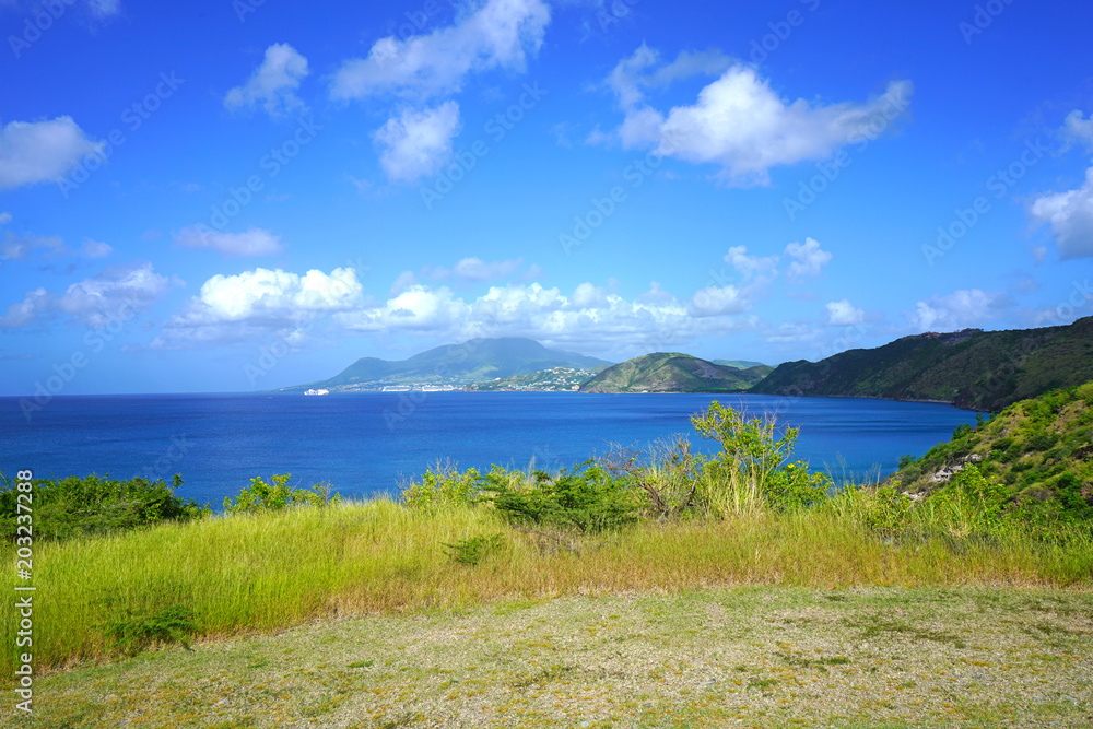 Landscape view of Basseterre Bay in the Caribbean Sea in the Christophe Harbour area in the island of St Kitts, St Kitts and Nevis