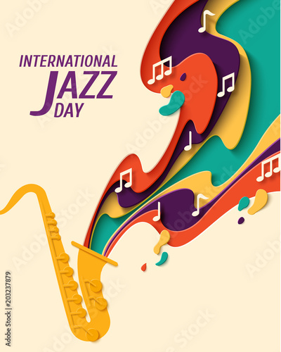 International Jazz Day - music paper cut style poster for jazz festival or night blues retro party with saxophone and notes. Vector paper craft vintage music background