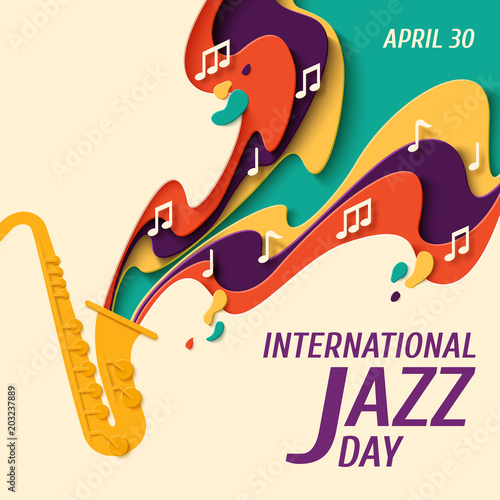 Canvas Print International Jazz Day - music paper cut style poster for jazz festival or night blues retro party with saxophone and notes