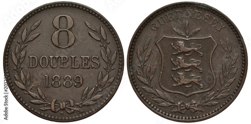 Guernsey coin eight doubles 1889, denomination with laurel branches at sides, shield with three lions left, leaves on top, British Channel Islands, bronze, 