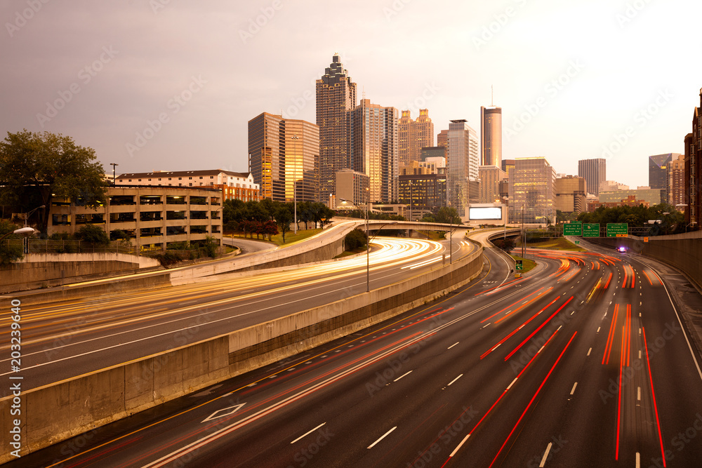 Downtown city skyline at dusk of Atlanta, Georgia, USA
