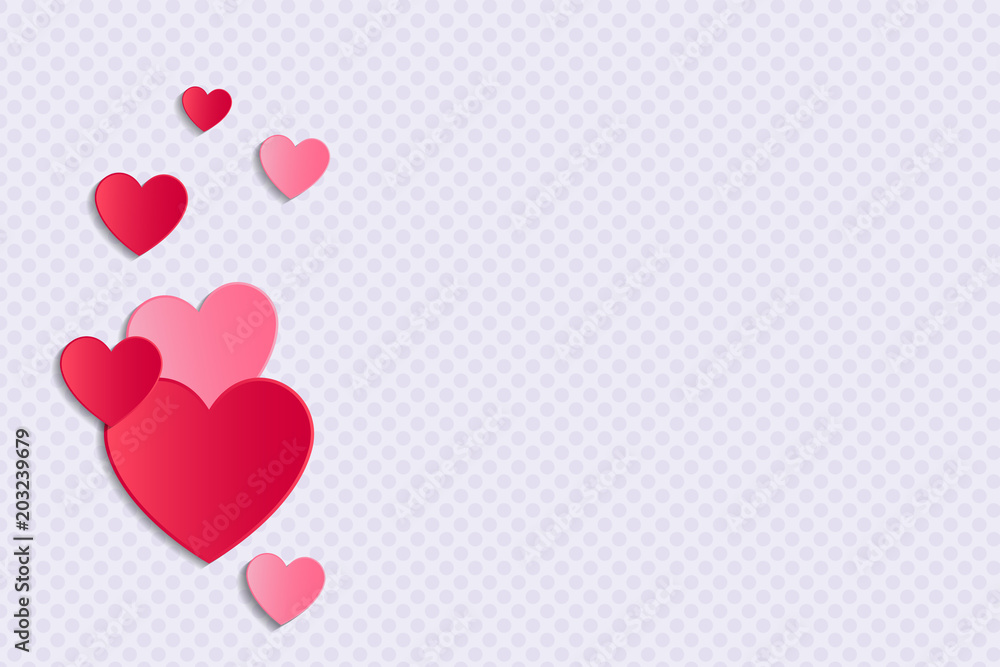 Glossy hearts on background with dots and copyspace. Layout of a card for Mother's Day. Vector.