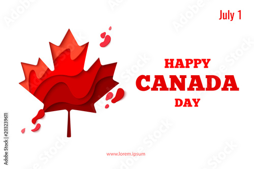 Happy Canada Day vector holiday background with red paper cut canada maple leaf. 1th of July celebration paper craft banner