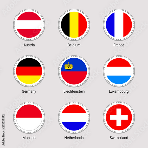 European countries flags set. Vector flag stickers collection. Round elements. Western Europe states. Austria,Belgium,Liechtenstein,Luxembourg,Monaco,Germany, France,Switzerland,The Netherlands