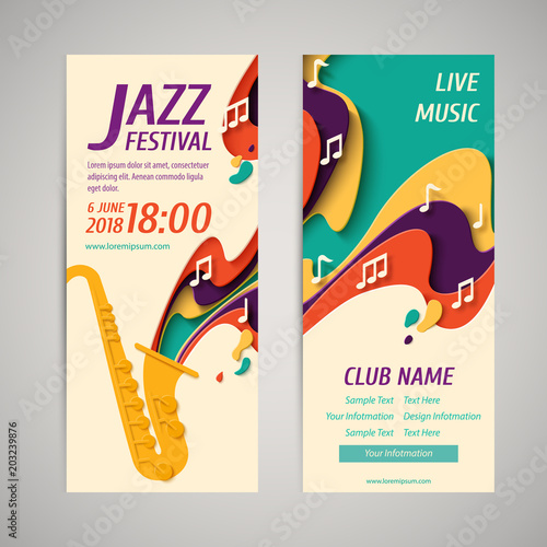 International Jazz Day - music paper cut style banners set for jazz festival or night blues retro party with saxophone and notes. Vector paper craft vintage music background