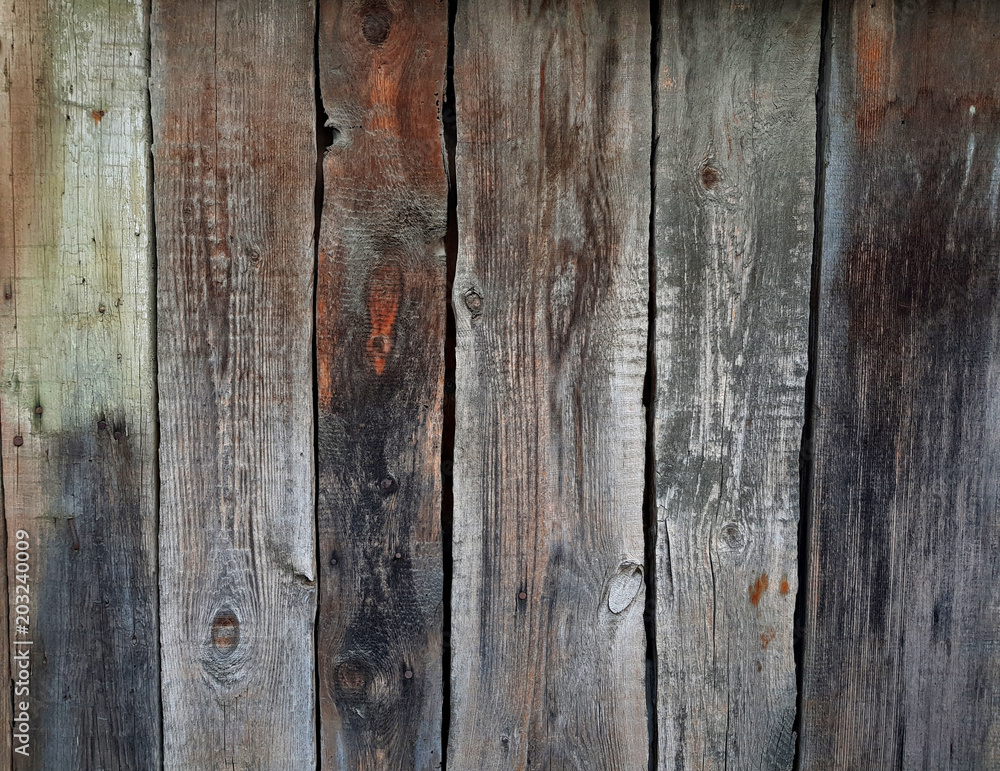 Fototapeta premium Wood texture. Old shabby painted panels fence background. Old wood planks texture