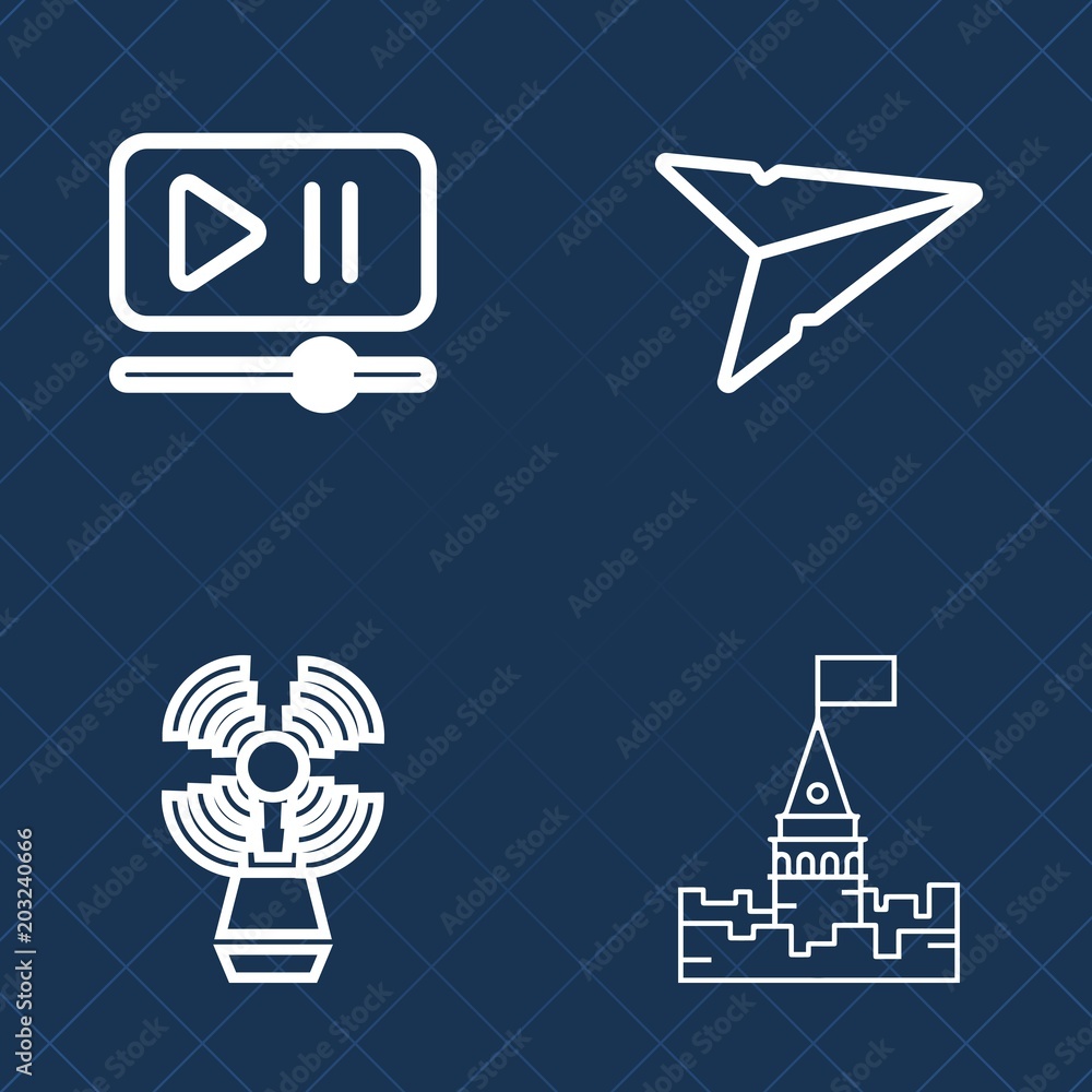 Premium set of outline vector icons. Such as play, searchlight, web, sign, coast, volume, button, signal, video, player, tower, medieval, navigation, building, mail, seamark, message, bar, fairytale