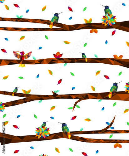 Low poly colorful Hummingbird with tree on falling leaves back ground, birds on the branches ,animal geometric concept,vector.	